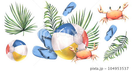 Multicolored beach ball with crab, flip flops and tropical palm leaves. Beach, summer,marine watercolor illustration, hand drawn. Set isolated composition with elements on a white background 104953537