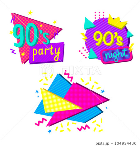 Set with colorful 1990s style design elements, lettering with abstract geometric shapes, vector 104954430