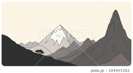 Hand drawn graphic vector illustration of abstract mountain landscape with snowcapped triangular peak and sharp mount range silhouettes Hand drawn graphic vector illustration of abstract mountain landscape with snowcapped triangular peak and sharp mount range silhouettes 104955362