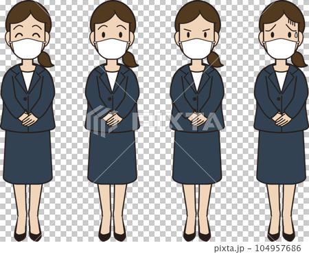 一位身穿西裝、戴著面具、雙手疊放在面前的年輕女子，面部表情圖案 104957686