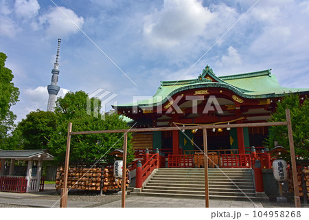 東京　亀戸天神　本殿とスカイツリー 104958268