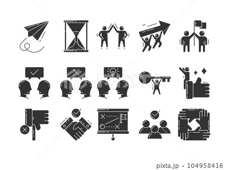 teamwork solid icon set. Contains such conference meeting, team leader, work discussion, people group. vector illustration 104958416