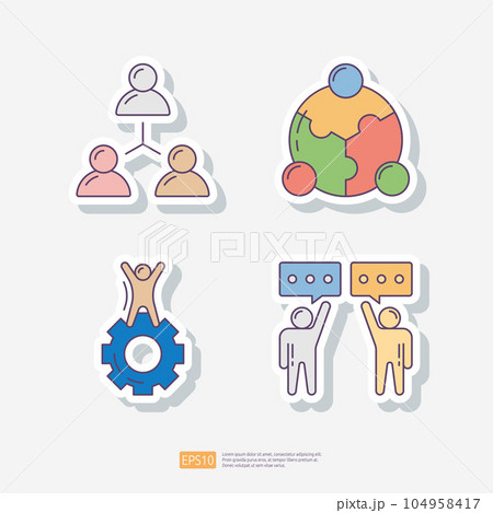 Management and connecting people, business partner and teamwork, innovation with man and mechanical gear, businessman talk together. sticker icon set. Team work vector illustration 104958417