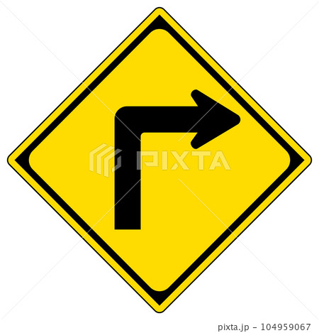 道路標識、警戒標識、右方屈折あり 道路標識、警戒標識、右方屈折あり 104959067