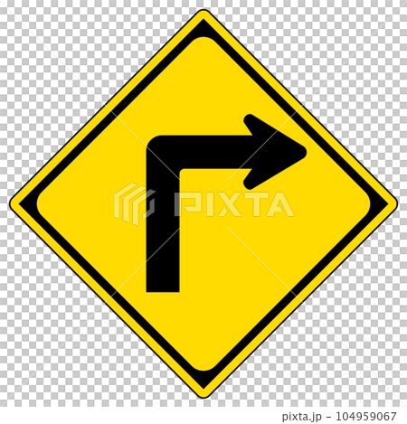 道路標識、警戒標識、右方屈折あり 道路標識、警戒標識、右方屈折あり 104959067