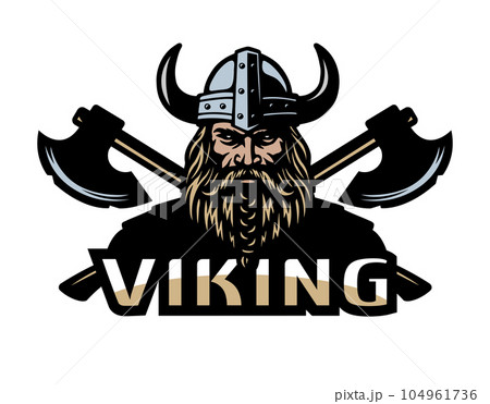 Viking warrior in a helmet with horns and two axes. Viking warrior in a helmet with horns and two axes. 104961736
