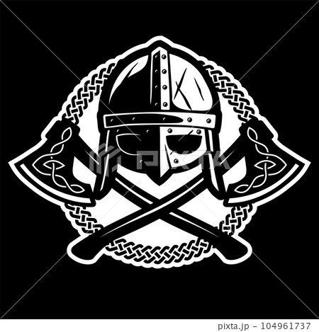 Viking helmet and two axes. Viking helmet and two axes. 104961737