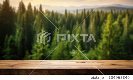 The empty wooden table top with blur background of boreal forest. Exuberant. 104962840