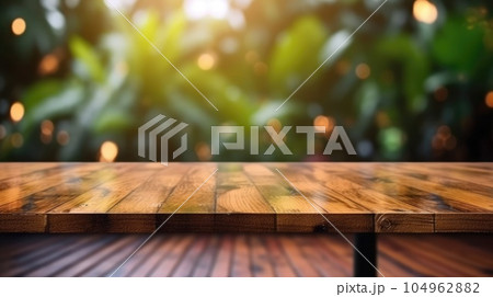 The empty wooden table top with blur background of outdoor cafe. Exuberant. The empty wooden table top with blur background of outdoor cafe. Exuberant. 104962882