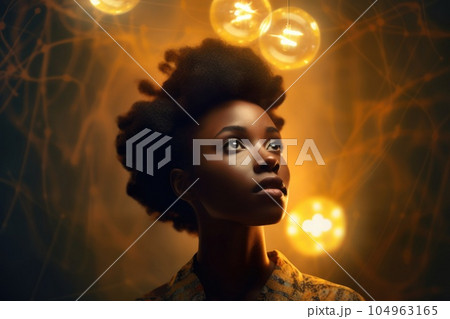bright light bulb float above of young african woman's head. generative ai AIG32 104963165
