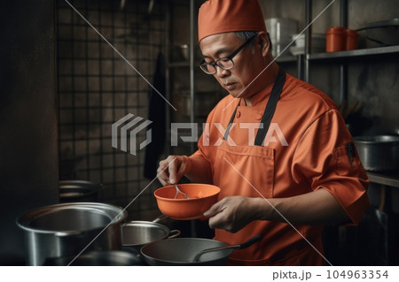 Male Asian middle aged cooking in kitchen apron chef attire. Generative AI AIG23. 104963354