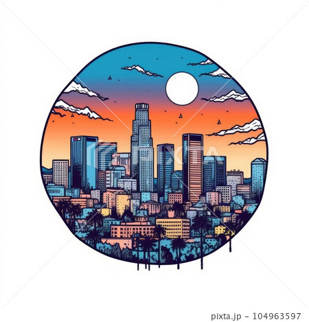 A circle shape frame with center space of Los Angeles city skyline in simple doodle color cartoon style. Generative AI AIG32 104963597