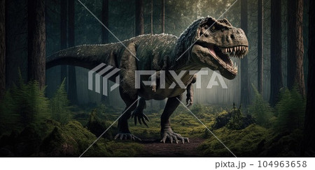 Prehistoric creature or dinosaur in the wild nature. Realistic style drawing. 104963658