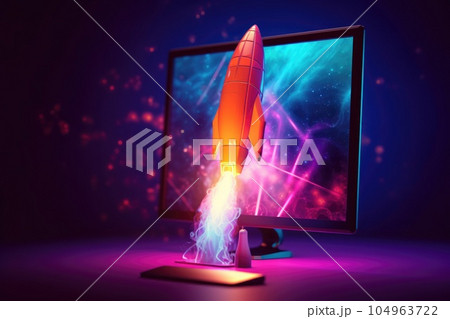 Rocket coming out of desktop computer screen , neon light. generative ai AIG32 104963722