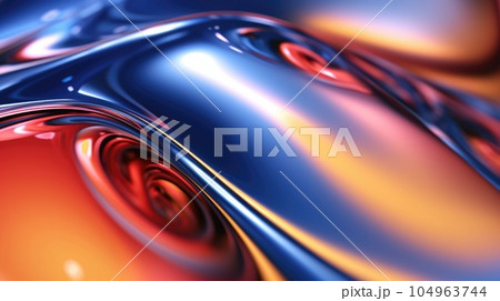 The close up of a glossy liquid surface abstract in red, yellow, and blue colors with a soft focus. Exuberant 3D illustration. 104963744