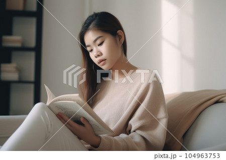 Female Asian teenager reading books in living room casual relaxing. Generative AI AIG23. 104963753