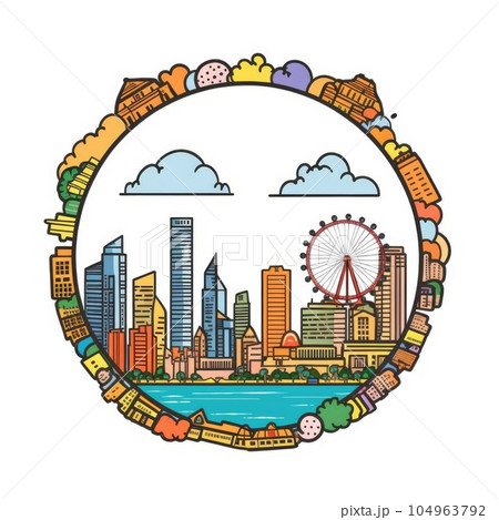 A circle shape frame with center space of Singapore city skyline in simple doodle color cartoon style. Generative AI AIG32 104963792