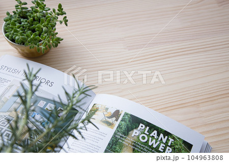 机に置かれた本と植物 104963808