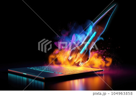 Rocket coming out of tablet screen , neon light. generative ai AIG32 104963858
