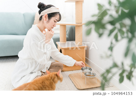 猫の水の入れ替えをする飼い主のアジア人女性 猫の水の入れ替えをする飼い主のアジア人女性 104964153