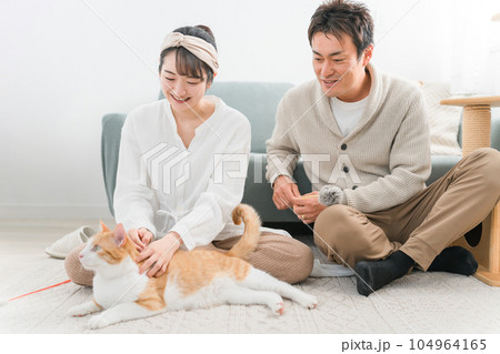 猫じゃらしでペットの猫と遊ぶ飼い主の夫婦・カップル（譲渡会・ペットショップ） 104964165