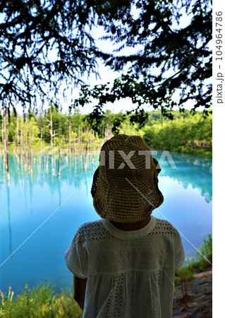 七月初旬に訪れる北海道美瑛の森に佇む神秘の池、白金青い池、そのブルーの水に吸い込まれそうな青 七月初旬に訪れる北海道美瑛の森に佇む神秘の池、白金青い池、そのブルーの水に吸い込まれそうな青 104964786