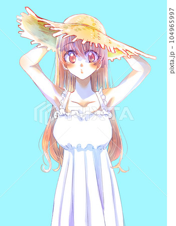 麦わら帽子を被ったロングヘアの女の子　押さえる　茶髪 104965997