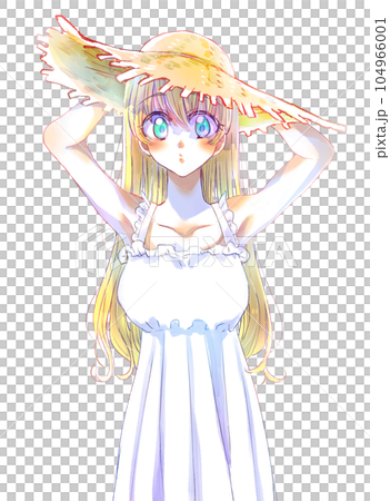 Long-haired girl wearing a straw hat holding her blonde hair blue eyes Long-haired girl wearing a straw hat holding her blonde hair blue eyes 104966001