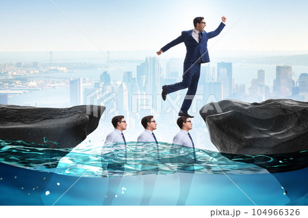 Inequal competition concept with businessman walking on heads Inequal competition concept with businessman walking on heads 104966326