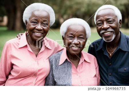 Group of happy african american senior men and women laughing and hugging together in summer park. Retirement life, retired people enjoying in garden. having fun. Generative AI 104966735