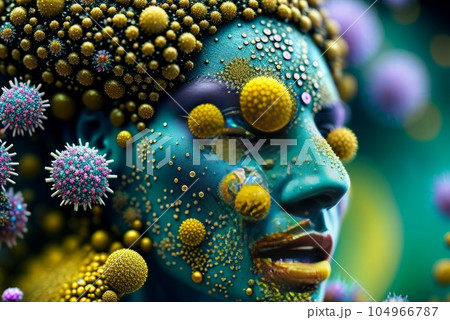 Virus or bacteria infection represented by a human with pseudo x-ray image of head and body with virus cells attacking the patient to a state of dangerous respiratory illness. Abstract. Generative AI 104966787
