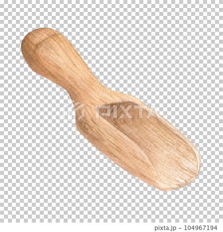 Watercolor illustration of a wooden spatula or scoop for cereals or powders, for flour. Isolated hand drawn illustration 104967194