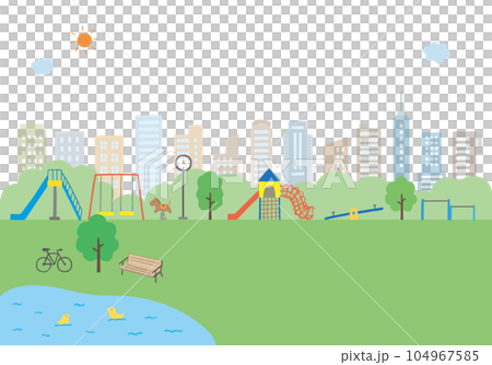 公園の遊具と街の手描きイラストセット 104967585
