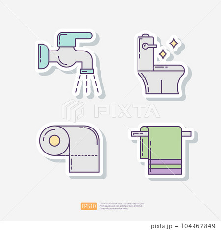 faucet tap water, sparkling clean toilet, toilet tissue paper roll, bathroom towel. Clean, disinfect and toiletries sticker set icon. Vector illustration faucet tap water, sparkling clean toilet, toilet tissue paper roll, bathroom towel. Clean, disinfect and toiletries sticker set icon. Vector illustration 104967849