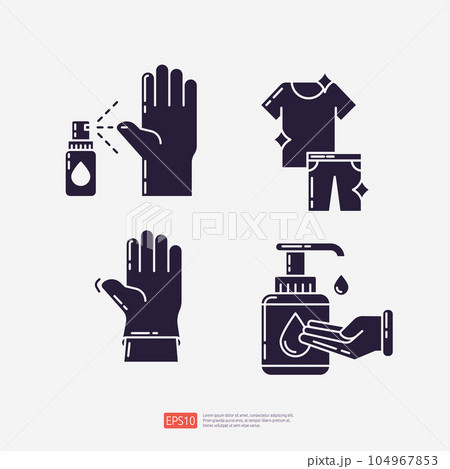 Hand using antibacterial spray, clean and hygiene clothing, hand using rubber gloves, hand sanitizer. Clean and disinfect silhouette set icon. Vector illustration 104967853
