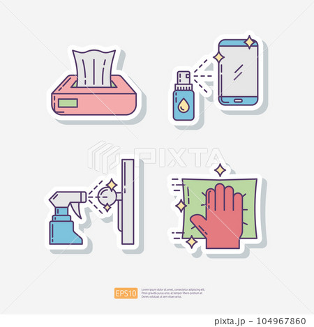face tissue box, cleaning mobile phone, sanitary treatment of a door handle, hand wiping with cloth. Clean and disinfect sticker set icon. Vector illustration 104967860