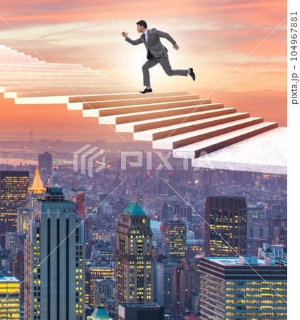 Businessman climbing career ladder over city Businessman climbing career ladder over city 104967881