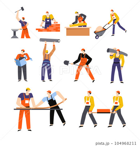 Building or construction works, builders and engineers with equipment isolated characters Building or construction works, builders and engineers with equipment isolated characters 104968211