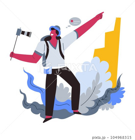 Travel blogger, guy hiking with action camera, man with backpack Travel blogger, guy hiking with action camera, man with backpack 104968315