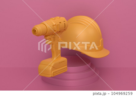 Abstract scene or podium with electric drill and helmet on monochrome background Abstract scene or podium with electric drill and helmet on monochrome background 104969259