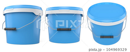 Set of plastic cans or buckets of paint with handle on white background. 104969329