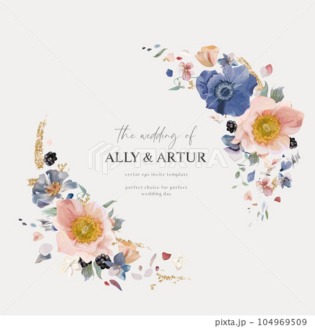 Floral wreath. Blue, blush pink anemone flowers, white hydrangea petals, blackberry, golden glitter bouquet. Editable vector watercolor illustration. Elegant wedding invite save the date card template Floral wreath. Blue, blush pink anemone flowers, white hydrangea petals, blackberry, golden glitter bouquet. Editable vector watercolor illustration. Elegant wedding invite save the date card template 104969509