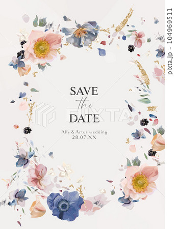 Elegant floral wedding save the date vector card template. Blush pink, dusty blue anemone flowers, white hydrangea petals, golden glitter, watercolor hand drawn paint bouquet wreath frame illustration Elegant floral wedding save the date vector card template. Blush pink, dusty blue anemone flowers, white hydrangea petals, golden glitter, watercolor hand drawn paint bouquet wreath frame illustration 104969511