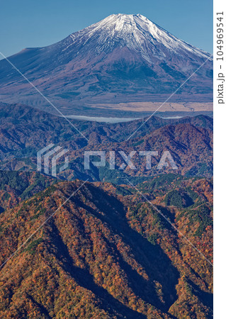 丹沢山地・檜洞丸稜線から見る紅葉の山並みと富士山 104969541