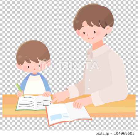 Studying child and father teaching home study Studying child and father teaching home study 104969603