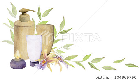 Hand drawn watercolor spa skincare bath beauty products package flowers. Horizontal composition Isolated on white background. Design for wall art, wellness resort, print, fabric, cover, card, booklet. Hand drawn watercolor spa skincare bath beauty products package flowers. Horizontal composition Isolated on white background. Design for wall art, wellness resort, print, fabric, cover, card, booklet. 104969790