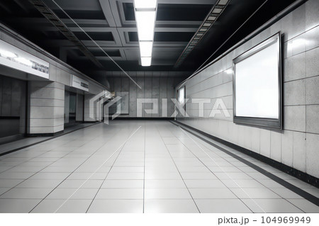 A lonely and desolate feeling fills this abandoned subway station with a blank TV mockup on the wall. is AI Generative 104969949