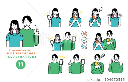 スマートフォンと若者のシンプルなイラストセット 104970516