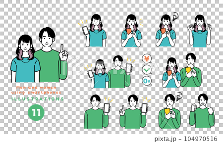 スマートフォンと若者のシンプルなイラストセット 104970516