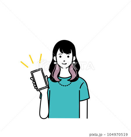 スマートフォンを持つ笑顔のシンプルな女性のイラスト スマートフォンを持つ笑顔のシンプルな女性のイラスト 104970519